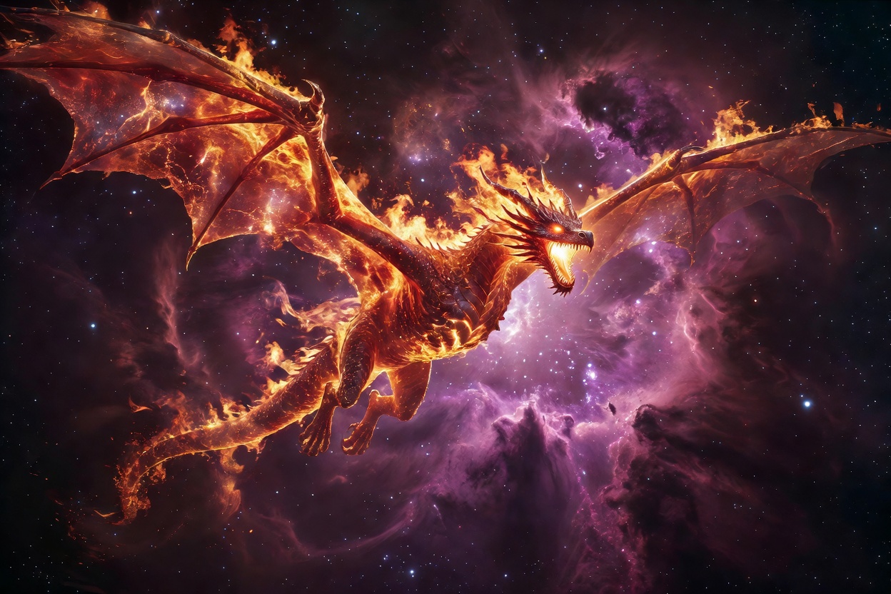 Surreal AI video of a fire dragon in space
